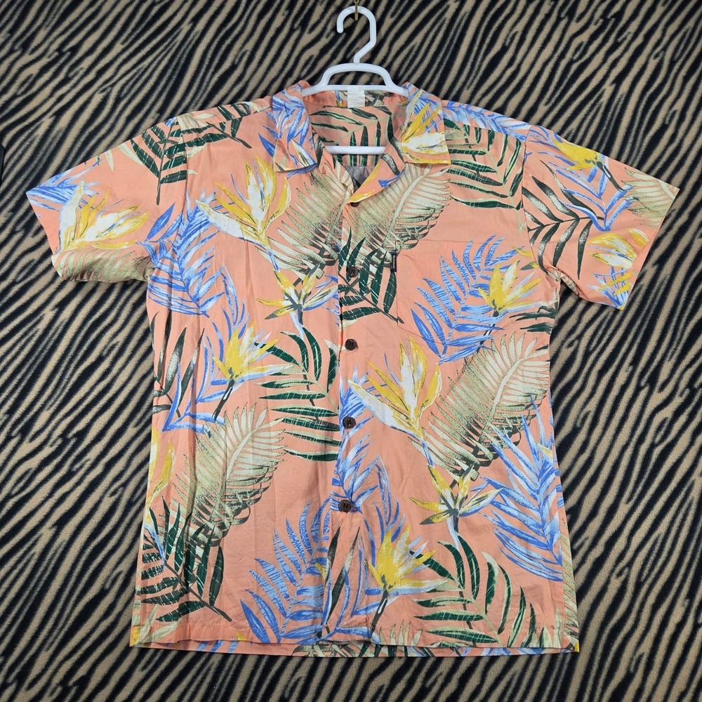 Palmwave Hawaii Mens Shirt Large Peach Tropical Birds of Paradise Size L